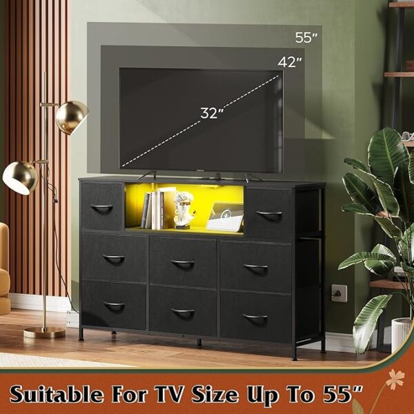WLIVE Black Dresser for Bedroom, TV Stand for Bedroom for 55 inch TV with Charging Station and LED Lights, Fabric Chest of Drawers with Open Shelves, 8 Drawers Dressers for Living Room, Closet - Image 4