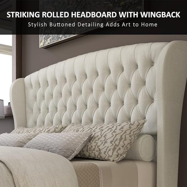 AMERLIFE King Size Platform Bed Frame, Chenille Upholstered Sleigh Bed with Scroll Wingback Headboard & Footboard/Button Tufted/No Box Spring Required/Cream - Image 3