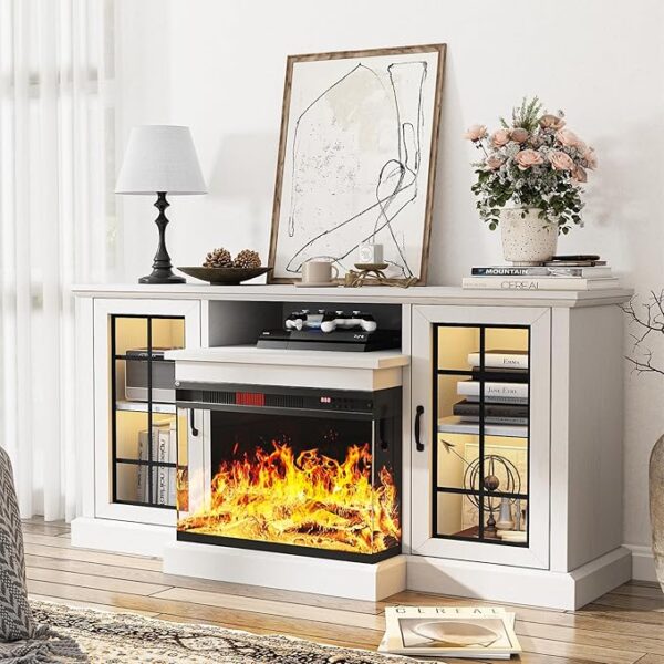 oneinmil 59'' Fireplace TV Stand, 3 Sided Glass Media Entertainment Center Console Table for TVs up to 65'' with Glass Door Adjustable Flame LED Color for Living Room, Set of TV Table, White - Image 4