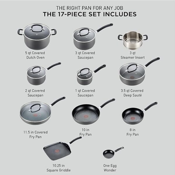 T-fal Ultimate Hard Anodized Nonstick Cookware Set 17 Piece, Oven Broiler Safe 400F, Lid Safe 350F, Kitchen Cooking Set w/ Fry Pans, Saucepans, Saute Pan, Griddle, Pots and Pans, Dishwasher Safe Black - Image 3