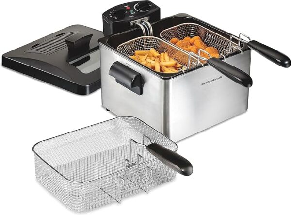 Hamilton Beach Electric Deep Fryer with Lid 4.5 Liters / 19 Cups Oil Capacity, Temperature Control, View Window, Professional Style, 1800 Watts, Three Frying Baskets, Stainless Steel