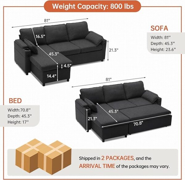 DURASPACE Sofa Bed, Sleeper Sofa Couch with Pullout Bed for Living Room, L Shaped Couch with Storage Chaise, USB, Cup Holder (Dark Gray) - Image 2