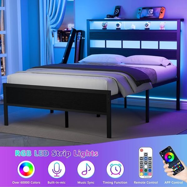Furnulem Full Size Bed Frame with LED Light and Charging Station, Wood Storage Headboard with 2-Tier Shelves, Metal Platform Bed with Heavy Duty Slats Support, No Box Spring Needed, Black Oak - Image 3