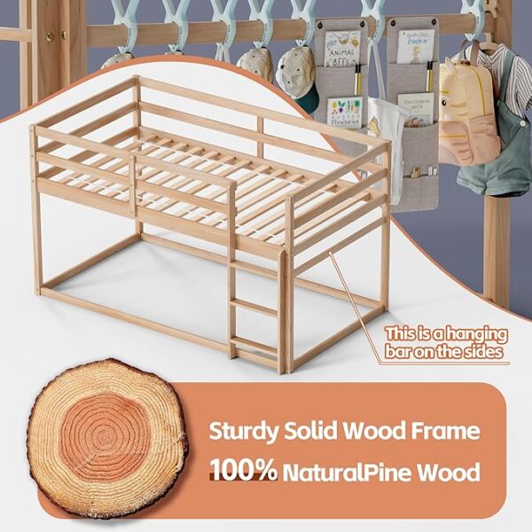Low Bunk Bed Twin Over Twin, Floor Bunk Bed with Ladder, Twin Bunk Bed with Full Guardrails, Wooden Bunk Bed for Juniors, Boys, Girls, Kids, Bedrooms (Natural) - Image 4