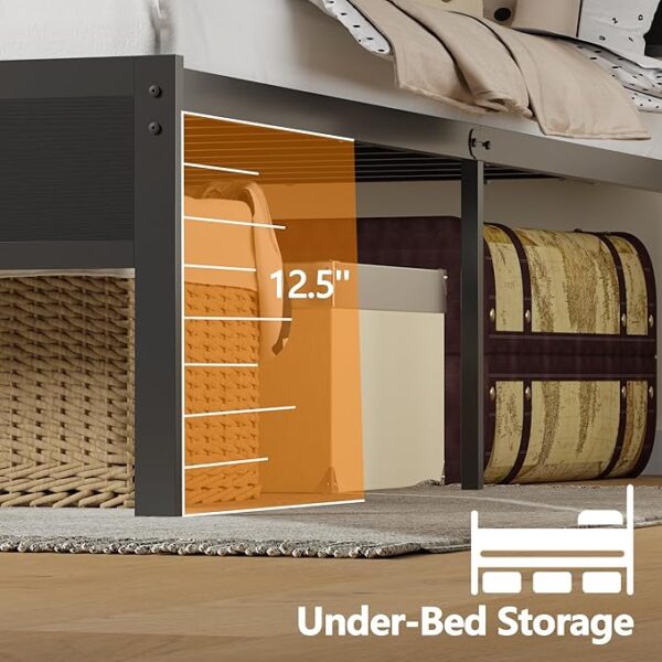 Furnulem Full Size Bed Frame with LED Light and Charging Station, Wood Storage Headboard with 2-Tier Shelves, Metal Platform Bed with Heavy Duty Slats Support, No Box Spring Needed, Black Oak - Image 4