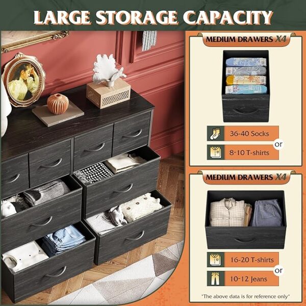 WLIVE Dresser for Bedroom with 8 Drawers, Wide Fabric Dresser for Storage and Organization, Bedroom Dresser, Chest of Drawers for Living Room, Closet, Hallway, Charcoal Black Wood Grain Print - Image 3