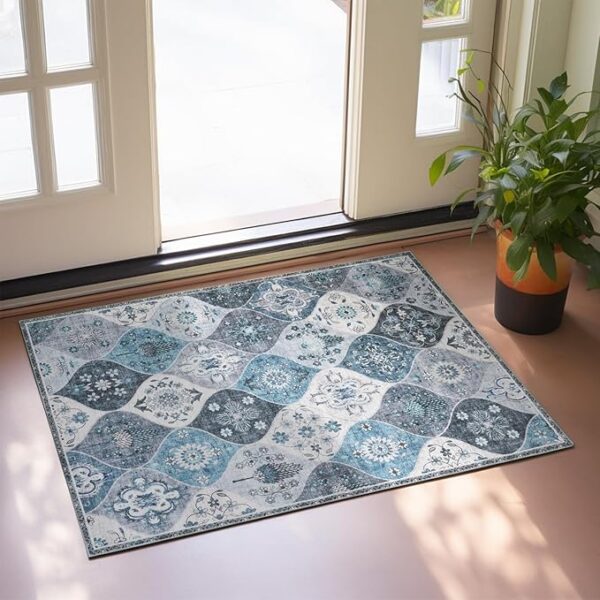 Moroccan Accent Area Rug, 2x3 Entry Rug Non-Slip Washable Indoor Door Mat, Small Blue Oriental Accent Throw Rug for Bedroom Kitchen Entryway Bathroom Laundry Room