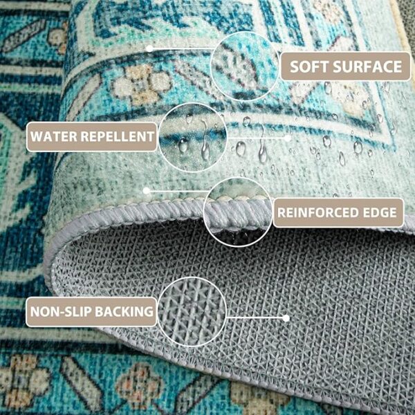 Area Rugs 8'x10' Washable Non-Slip, Floral Vintage Distress Print Pattern Medallion Carpet for Living Room Bedroom Dining Room, Teal Green Lake Blue - Image 4