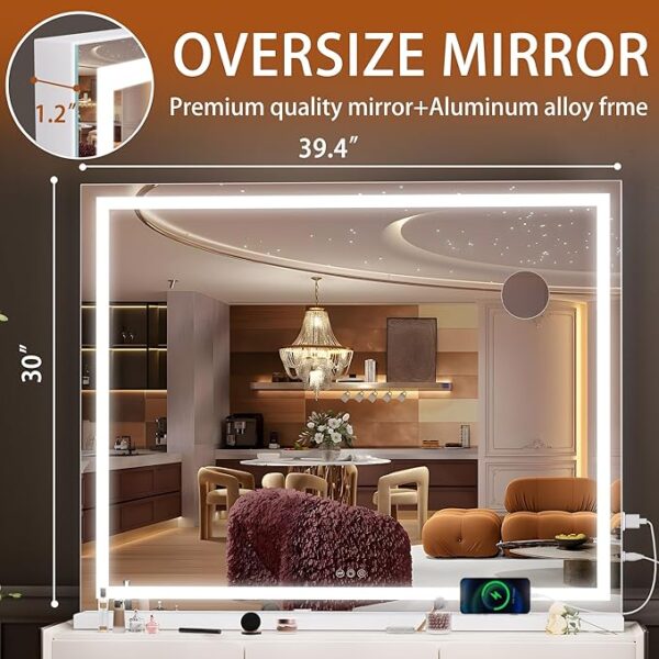 Hasipu Vanity Mirror with Lights, 40" x 30" LED Makeup Mirror, Lighted Makeup Mirror with Dimmable 3 Modes, Touch Screen Control Vanity Mirror Square White - Image 4