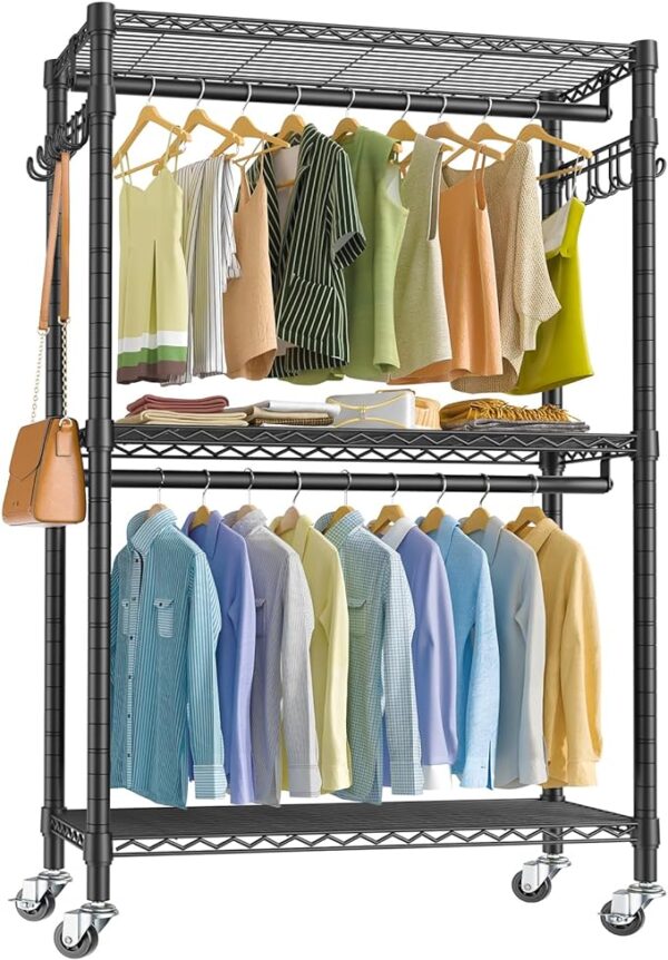 VIPEK R2 Plus Heavy Duty Rolling Garment Rack 3 Tiers Adjustable Wire Shelving Clothes Rack with Double Rods and Side Hooks, Freestanding Wardrobe Storage Rack Metal Clothing Rack, Black