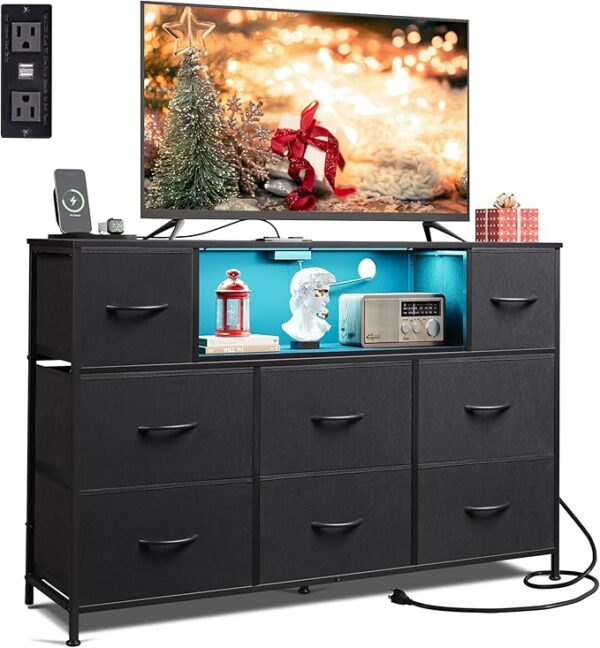 WLIVE Black Dresser for Bedroom, TV Stand for Bedroom for 55 inch TV with Charging Station and LED Lights, Fabric Chest of Drawers with Open Shelves, 8 Drawers Dressers for Living Room, Closet