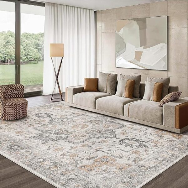 GENIMO 8x10 Area Rugs for Living Room, Machine Washable Non Slip Vintage Retro Rugs, Low Pile Lightweight Chenille Print Rug for Bedroom, Dining Room, Home Office, Light Taupe Brown - Image 5