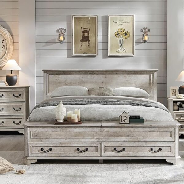 T4TREAM Farmhouse Queen Bed with Headboard and Storage Bench, Rustic Wood Platform Bed with 64" Storage Chest w/ 4 Large Storage Drawer, Light Rustic Oak - Image 4