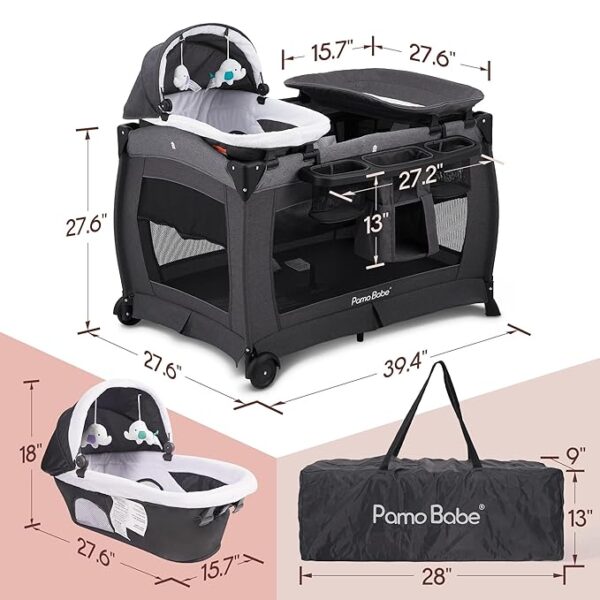 Pamo Babe Deluxe Nursery Center Portable Playpen Foldable Playard for Baby and Toddler Mattress, Changing Table for Newborn(Black) - Image 5