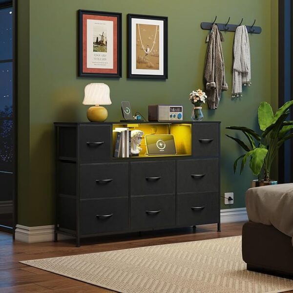 WLIVE Black Dresser for Bedroom, TV Stand for Bedroom for 55 inch TV with Charging Station and LED Lights, Fabric Chest of Drawers with Open Shelves, 8 Drawers Dressers for Living Room, Closet - Image 2