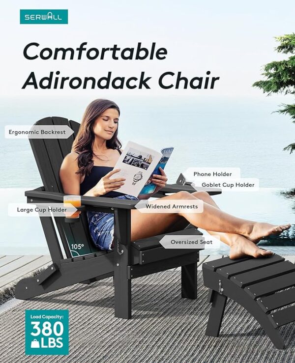 SERWALL HDPE Folding Adirondack Chair with Dual Cup Holder - Composite Adirondack Chair Set of 2- Black - Image 3