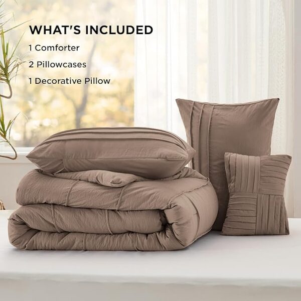 Bedsure Queen Comforter Set - 4 Pieces Pinch Pleat Bed Set, Brown Boho Bedding for All Season, 1 Soft Comforter, 2 Pillowcases, 1 Decorative Pillow - Image 3