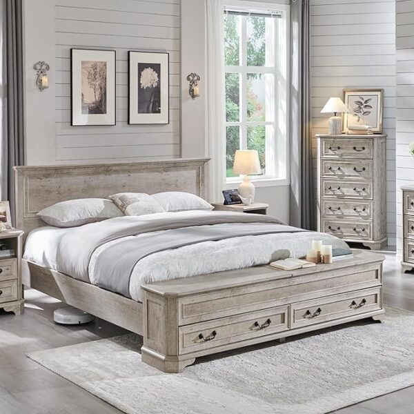T4TREAM Farmhouse Queen Bed with Headboard and Storage Bench, Rustic Wood Platform Bed with 64" Storage Chest w/ 4 Large Storage Drawer, Light Rustic Oak