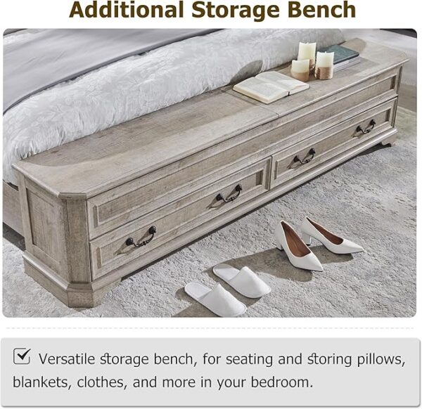 T4TREAM Farmhouse Queen Bed with Headboard and Storage Bench, Rustic Wood Platform Bed with 64" Storage Chest w/ 4 Large Storage Drawer, Light Rustic Oak - Image 5