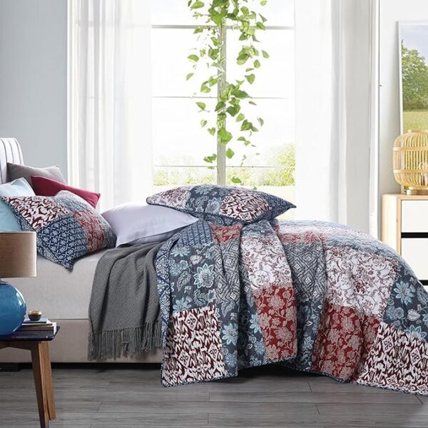 Secgo King Size Comforter Set- 100% Cotton Quilt King Size Set, Burgundy bedspreads (96 * 108 Inch) with 2 Pillow Shams, Patchwork Reversible Lightweight Bedding - Image 3