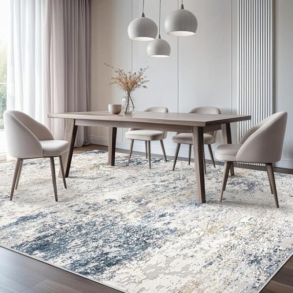 Area Rug Living Room Rugs - 9x12 Abstract Large Soft Indoor Washable Rug Neutral Modern Low Pile Carpet for Bedroom Dining Room Farmhouse Home Office - Beige Blue - Image 5