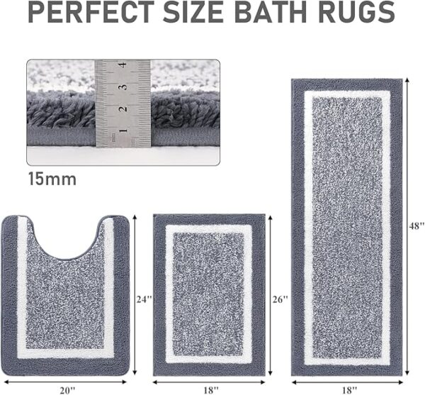Pauwer Bathroom Rug Mat Set 3 Piece, Microfiber Shaggy Bath Set, Non-Slip Ultra Soft Carpet Mats, Absorbent with U-Shaped Toilet for Bathroom, Tub, Shower, Dark Grey - Image 4
