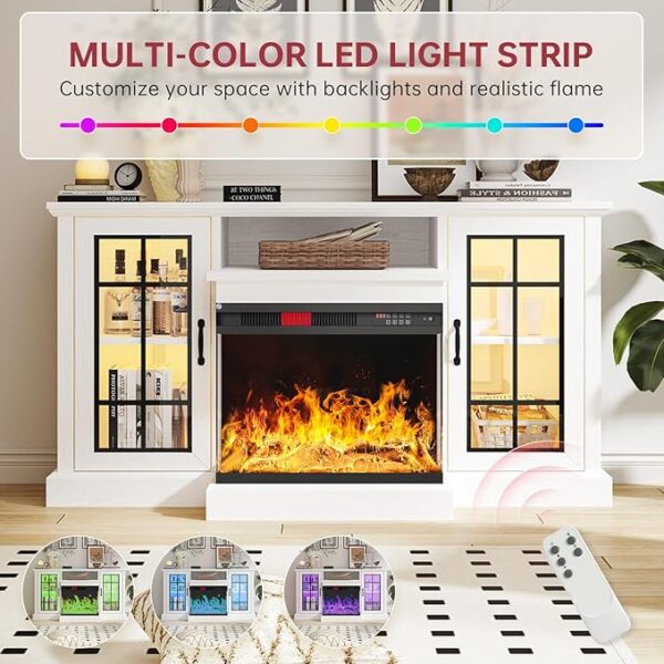 oneinmil 59'' Fireplace TV Stand, 3 Sided Glass Media Entertainment Center Console Table for TVs up to 65'' with Glass Door Adjustable Flame LED Color for Living Room, Set of TV Table, White - Image 6