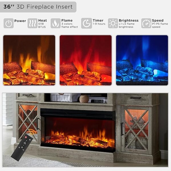 OKD 3-Sided Glass Farmhouse Fireplace TV Stand for TVs up to 80'', Highboy Entertainment Center with Glass Door Storage Cabinet, 70'' Large TV Stands with 36'' Electric Fireplace, Light Rustic Oak - Image 5