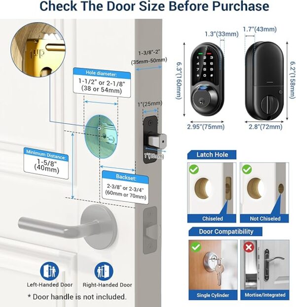 Veise Smart Lock, Fingerprint Door Lock, 7-in-1 Keyless Entry Door Lock with App Control, Electronic Touchscreen Keypad, Smart Deadbolt, Biometric Smart Locks for Front Door, Matte Black - Image 2