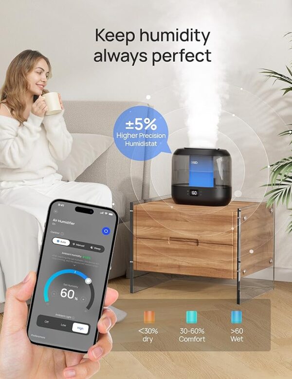 Dreo Smart Humidifiers for Bedroom, Top Fill 4L Cool Mist Humidifier with Nightlight, 32H Runtime, Touch/APP/Voice Control, Quiet Ultrasonic Humidifiers for Large Room, Home, Baby, Plants, Office - Image 4
