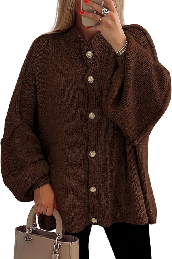PRETTYGARDEN Women's Winter Button Down Cardigan Sweaters Mock Neck Lantern Long Sleeve Chunky Knit Jacket Trendy