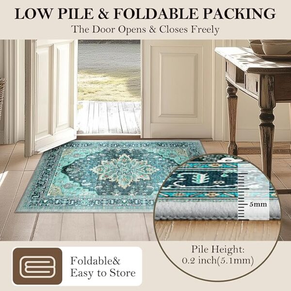 Area Rugs 8'x10' Washable Non-Slip, Floral Vintage Distress Print Pattern Medallion Carpet for Living Room Bedroom Dining Room, Teal Green Lake Blue - Image 5