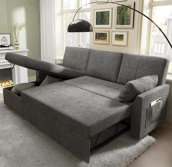 VanAcc Sleeper Sofa, Sofa Bed- 2 in 1 Pull Out Couch Bed with Storage Chaise for Living Room, Sofa Sleeper with Pull Out Bed, Grey Linen Couch - Image 6