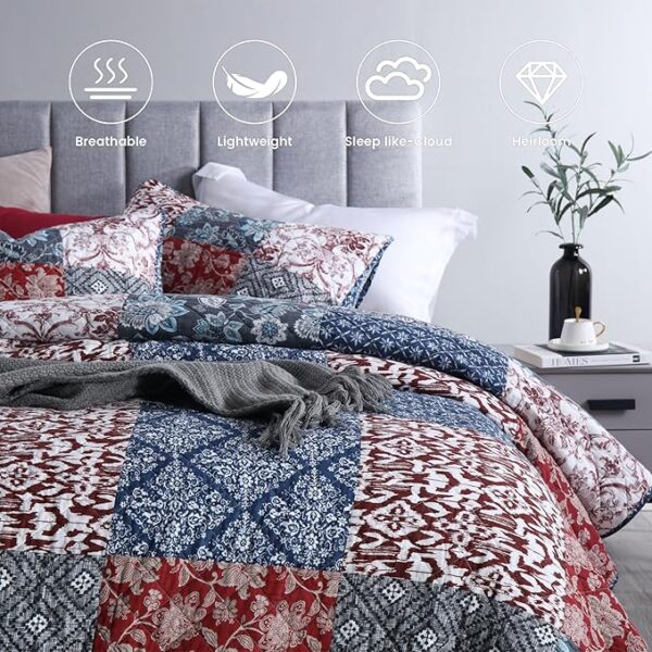 Secgo King Size Comforter Set- 100% Cotton Quilt King Size Set, Burgundy bedspreads (96 * 108 Inch) with 2 Pillow Shams, Patchwork Reversible Lightweight Bedding - Image 6