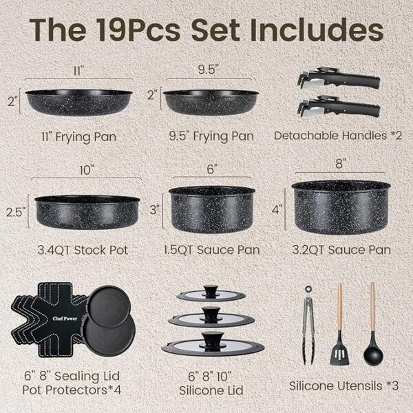 Ceramic Nonstick Cookware Set 19 Piece with Detachable Handle, Induction Dishwasher Oven Safe Pans and Pots Set, RV Kitchen Set Removable Handle, Rock Stone Black - Image 2