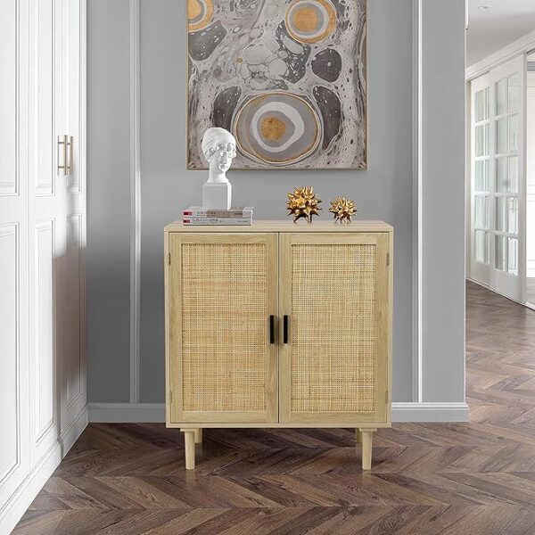 Finnhomy Sideboard Buffet Kitchen Storage Cabinet with Rattan Decorated Doors, Dining Room, Hallway, Cupboard Console Table, Liquor / Accent Cabinet, 31.5X 15.8X 34.6 Inches, Natural - Image 6