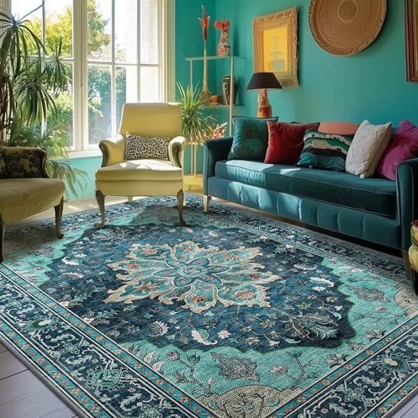 Area Rugs 8'x10' Washable Non-Slip, Floral Vintage Distress Print Pattern Medallion Carpet for Living Room Bedroom Dining Room, Teal Green Lake Blue - Image 6