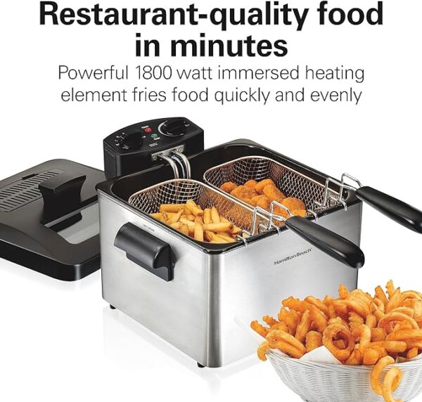Hamilton Beach Electric Deep Fryer with Lid 4.5 Liters / 19 Cups Oil Capacity, Temperature Control, View Window, Professional Style, 1800 Watts, Three Frying Baskets, Stainless Steel - Image 6