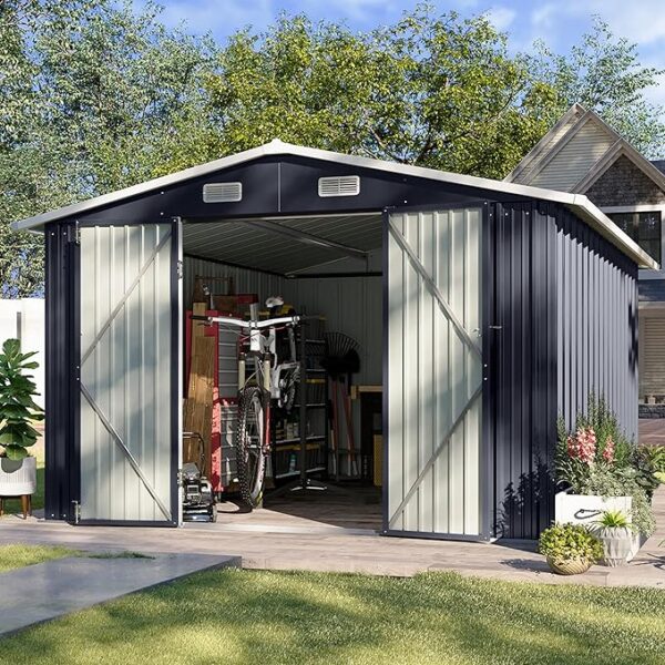 Aoxun 10x12 FT Outdoor Storage Shed, Steel Utility Tool Shed Storage House with Door & Lock, Metal Sheds Outdoor Storage for Garden Patio Lawn Poolside, Black