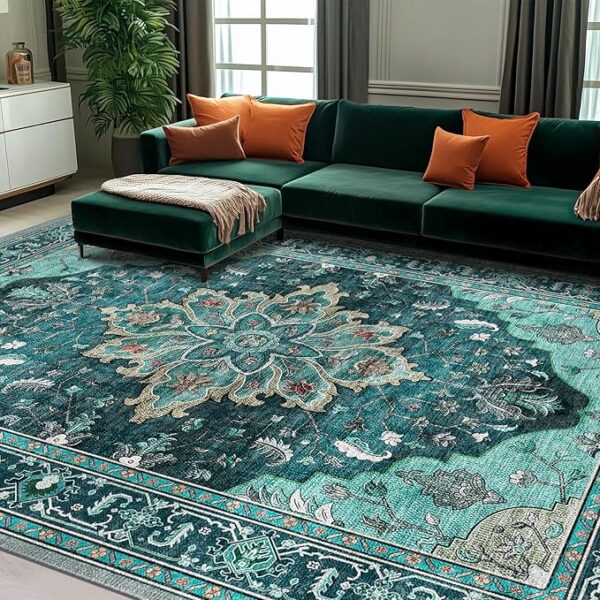 Area Rugs 8'x10' Washable Non-Slip, Floral Vintage Distress Print Pattern Medallion Carpet for Living Room Bedroom Dining Room, Teal Green Lake Blue
