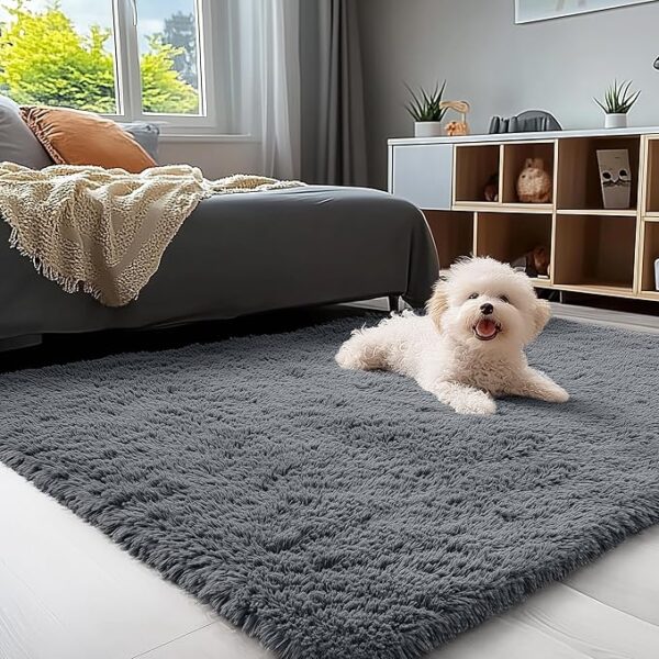 OLANLY Area Rugs for Living Room Bedroom, Machine Washable 4x5.9 Feet Soft Fluffy Shaggy Bedside Rug, Indoor Floor Carpet for Kids Girls and Boys, Dorms, Nursery Rooms, Home Decor Aesthetic, Grey - Image 2