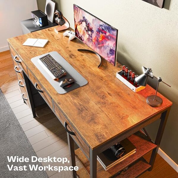 Huuger Computer Desk with 6 Drawers, 47 Inch Office Desk with Shelves, Reversible Gaming Desk, Corner Desk with Storage, Work Desk for Home Office, Study, Living Room, Rustic Brown - Image 4