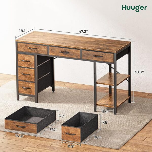 Huuger Computer Desk with 6 Drawers, 47 Inch Office Desk with Shelves, Reversible Gaming Desk, Corner Desk with Storage, Work Desk for Home Office, Study, Living Room, Rustic Brown - Image 5