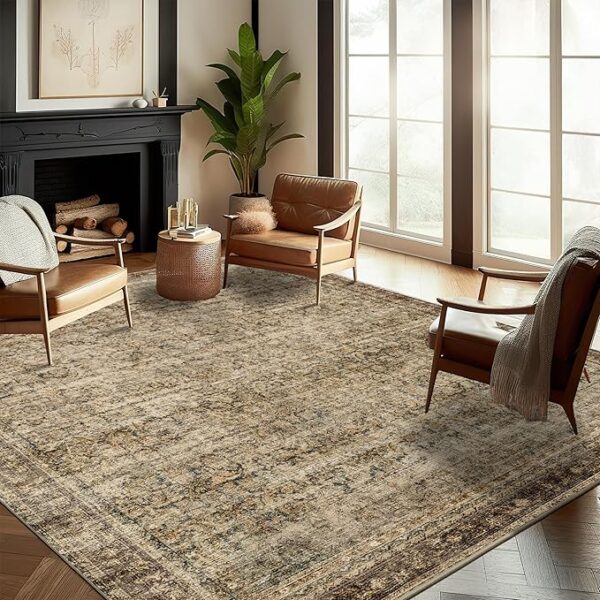 Area Rug 8x10 Washable Rug Brown Vintage Traditional Mat Distressed Indoor Foldable Thin Retro Accent Floral Non Slip Carpet Living Room Dining Room Office - Image 4