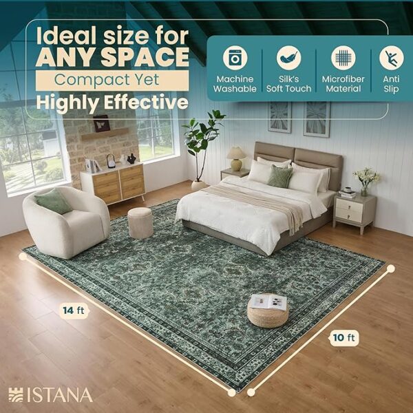 Istana Living Room Rug 10x14 - Dark Green 10 x 14 Area Rug - Foldable Machine Washable Area Rugs 10x14 - Stylish 10x14 Area Rugs Boho - Stain Resistant Washable Rug 10x14 - Image 4