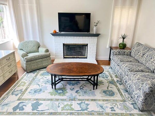 Green Oushak Rug, Modern, Vintage, Turkish, Eclectic, Floral, Pastel, Washable, Large Area Rugs for Living Room, Dining, Bedroom, Girls, Boys, 7'5"x9'8" - Image 5