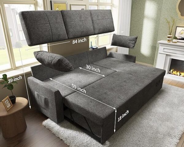 VanAcc Sleeper Sofa, Sofa Bed- 2 in 1 Pull Out Couch Bed with Storage Chaise for Living Room, Sofa Sleeper with Pull Out Bed, Grey Linen Couch - Image 3