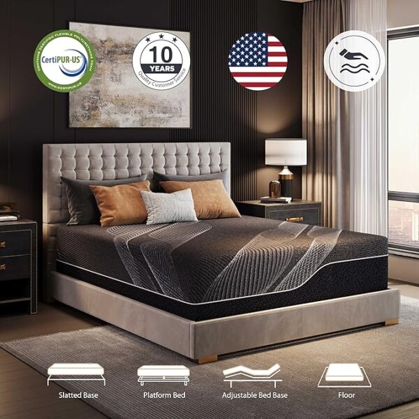 Queen Mattress 14 Inch Charcoal Memory Foam Mattress in a Box, CertiPUR-US Certified, Fiberglass Free, Gel Double Mattress, Made in USA, 80" × 60" × 14", Medium - Image 4