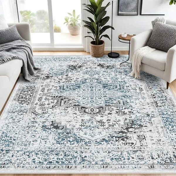 Living Room 8x10 Area Rug - Washable Rug with Non-Slip Low-Pile Vintage Medallion Rugs with Stain Resistant Foldable Accent Distressed Rug Indoor Traditional Ultra-Thin Rug - Image 6