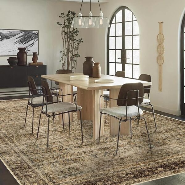 Area Rug 8x10 Washable Rug Brown Vintage Traditional Mat Distressed Indoor Foldable Thin Retro Accent Floral Non Slip Carpet Living Room Dining Room Office - Image 5